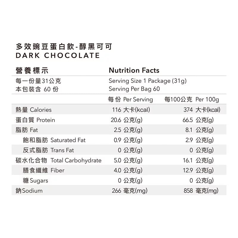 全素多效豌豆蛋白飲 - 1.86 KG大包裝 | 醇黑可可